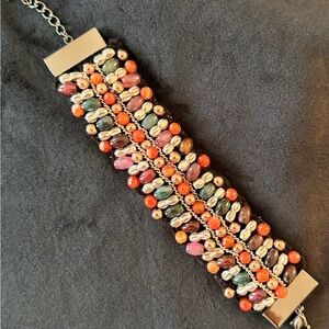 Multicolor Beaded Statement Bracelet with Orange Accents